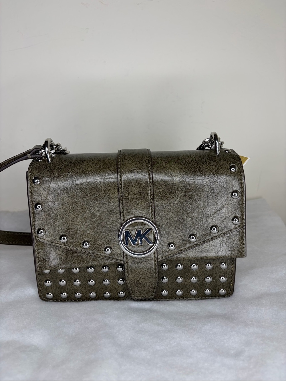 Michael Kors Greenwich Studded Women SM Distressed Crossbody Shoulder Bag Olive